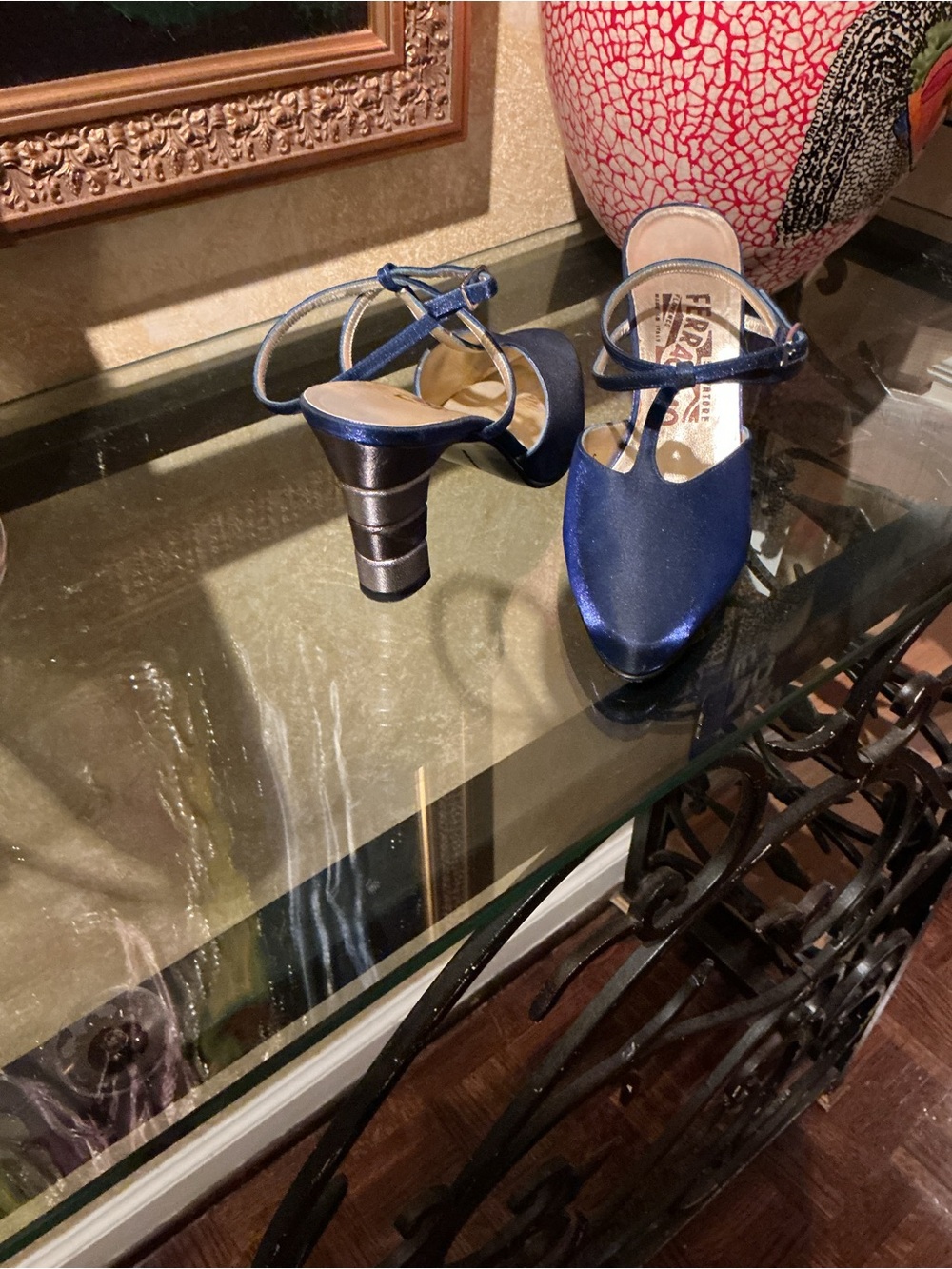 Salvatore Ferragamo Navy Satin T-Strap Block Heel Pumps
